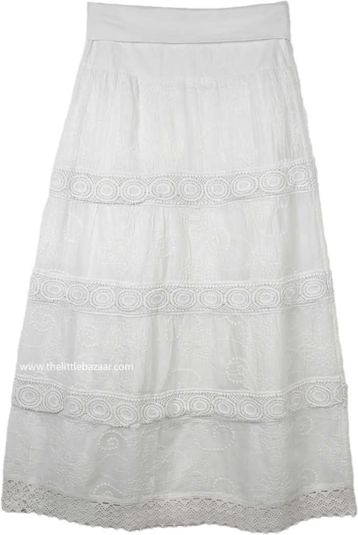 Dove White Crochet and Embroidery Yoga Waist Skirt