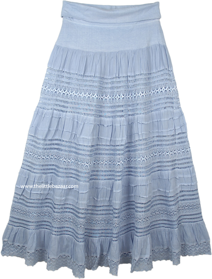 Baby Blue Flexible Yoga Waist Maxi Long Cotton Skirt | Blue | Lace, XL ...