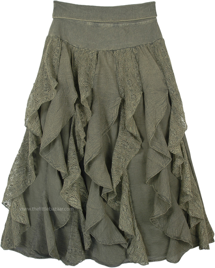 Seaweed Vertical Frills Ruffles Fun Skirt with Flexible Waist | Green ...