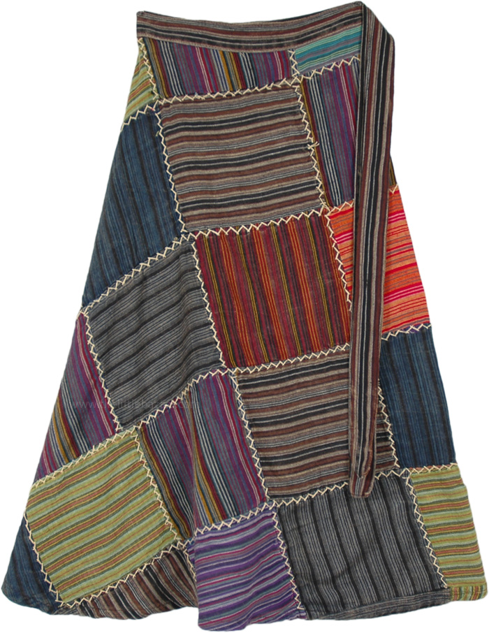 Striped Multi-Colored Cotton Patchwork Wrap Around Skirt