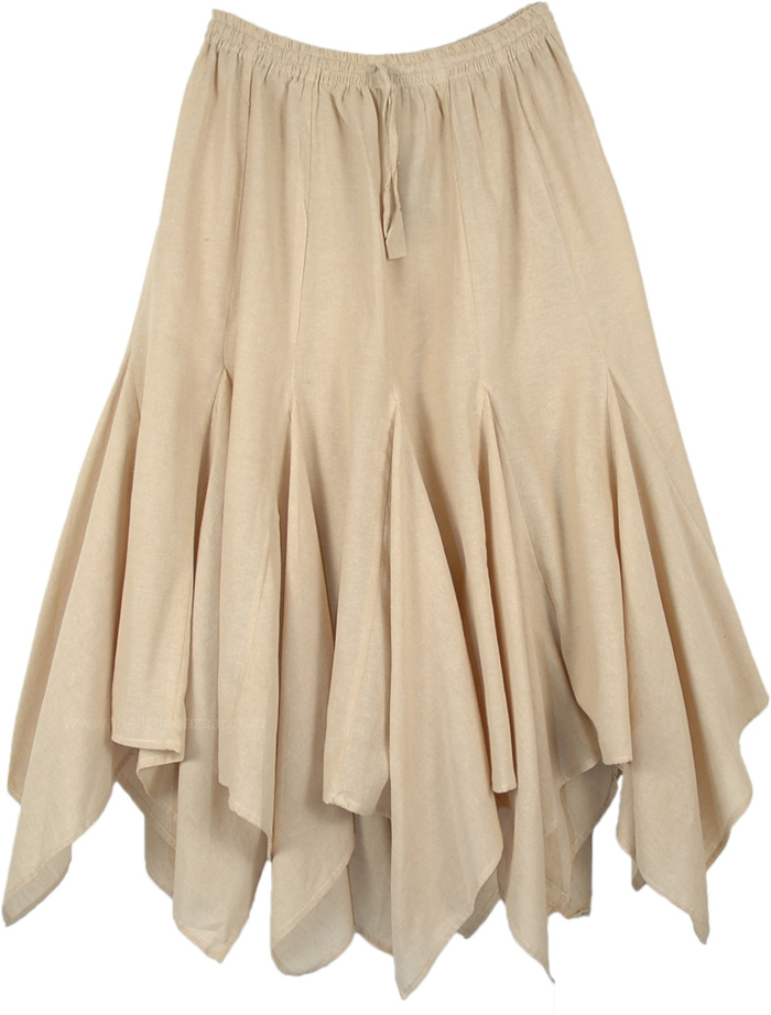 Pure Beige Handkerchief Hem Cotton Mid Length Skirt