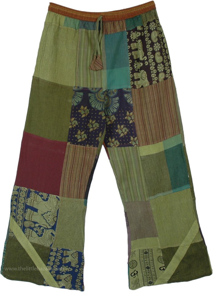 Green Amber Woven Cotton Patchwork Lounge Trousers