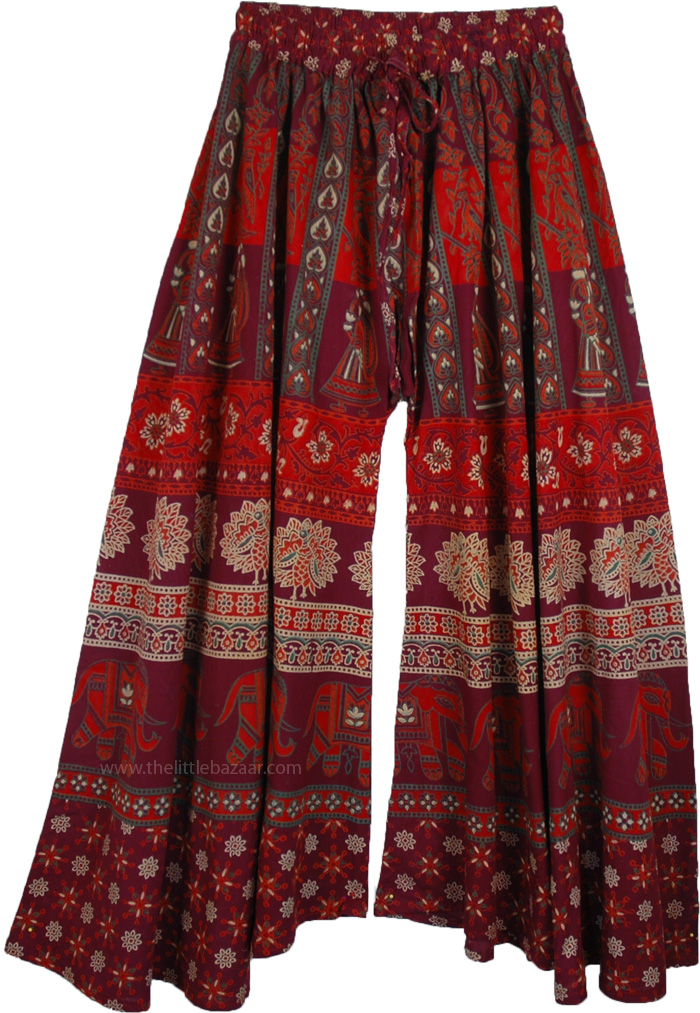 Wine Split Skirt Cotton Pant with Animal Print Wide and Flared