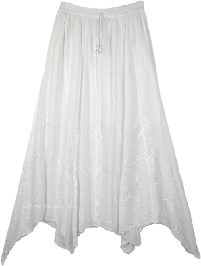 Pearl White Handkerchief Hem Skirt with Embroidery