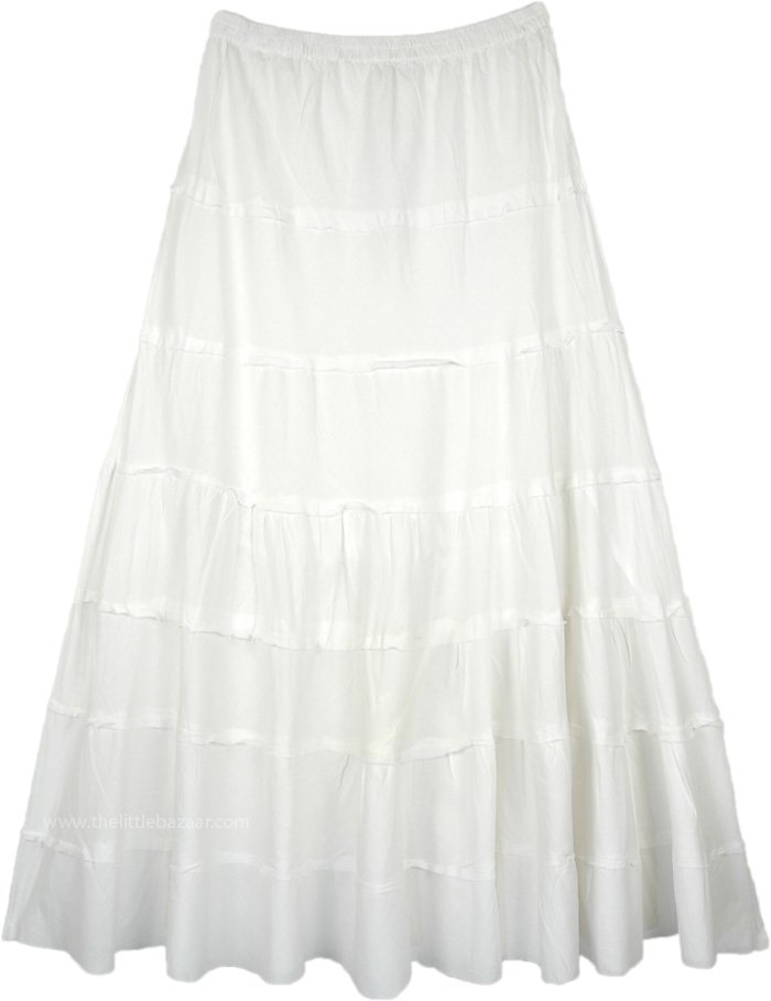 White Summer Cotton Flared Skirt with Gathered Tiers