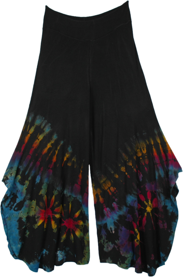 Black Rainbow Tie Dye Side Cut Palazzo Pants for Women