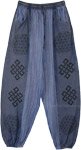 Blue Vertical Patchwork Woven Cotton Pants with Pockets