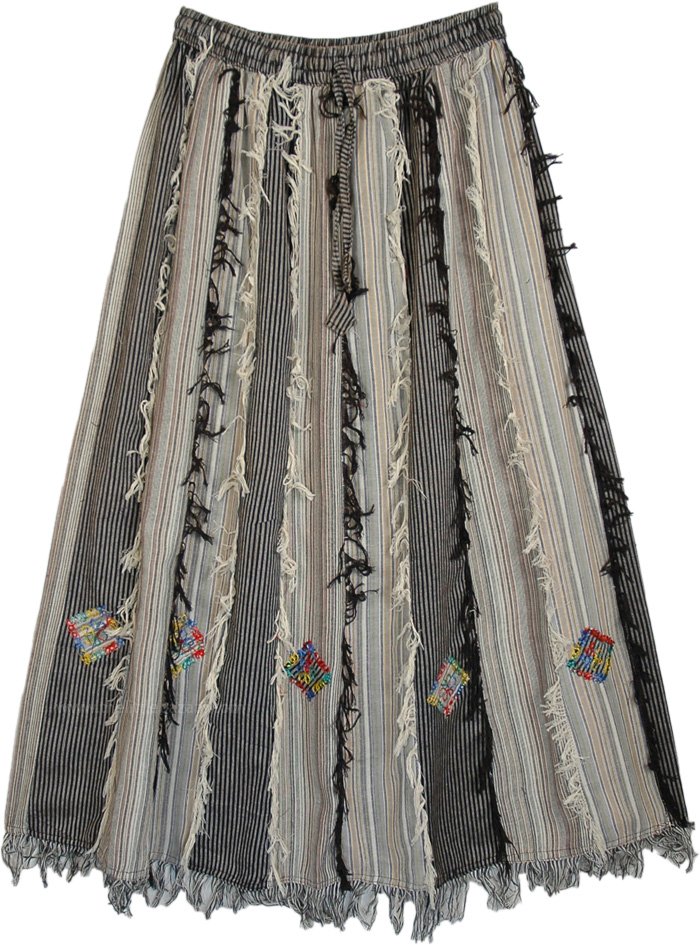 Grey Black Vertical Patchwork Skirt with Thread Fringes