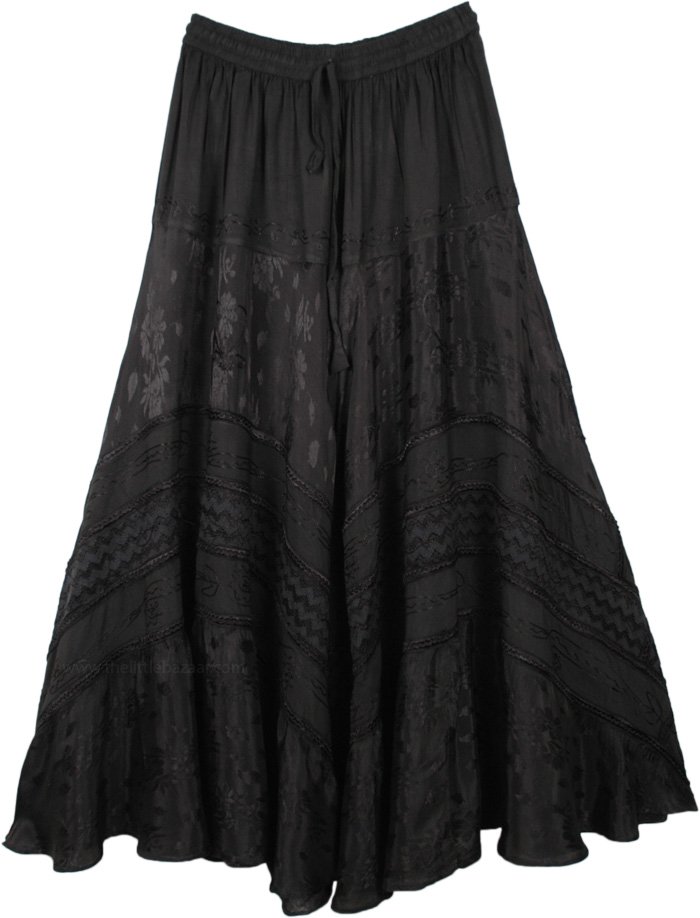 Midnight Black Boho Embroidered Rayon Renaissance Skirt | Black ...