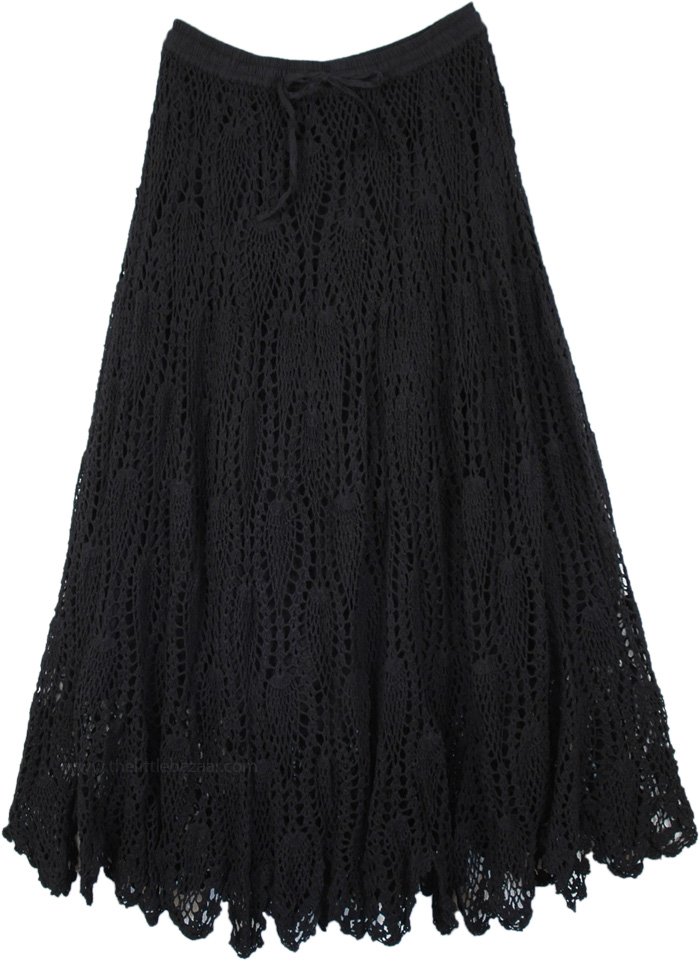 Deep Black All Crochet Pattern Cotton Long Skirt | Black | Crochet ...