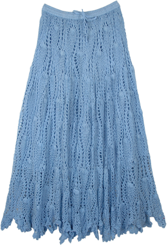 All Crochet Faded Denim Blue Long Cotton Skirt