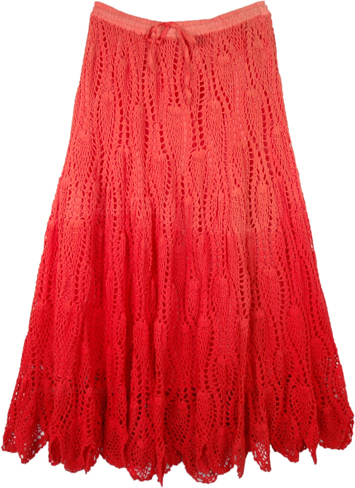 Ombre Velvet Red Crochet Long Cotton Skirt