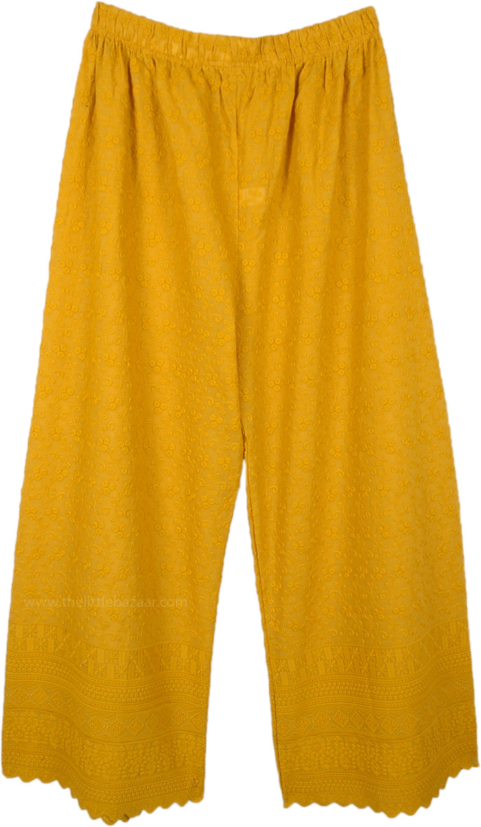 Turmeric Spice Wide Leg Cotton Pants with Embroidery