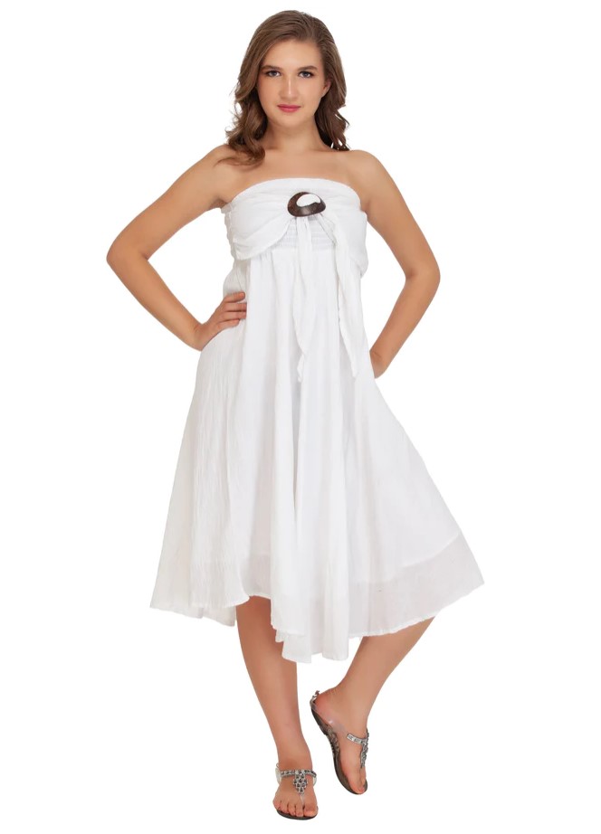 White Boho Smart Skirt Dress with Smocked Waist