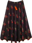 Flared Festive Long Black Skirt with Floral Print