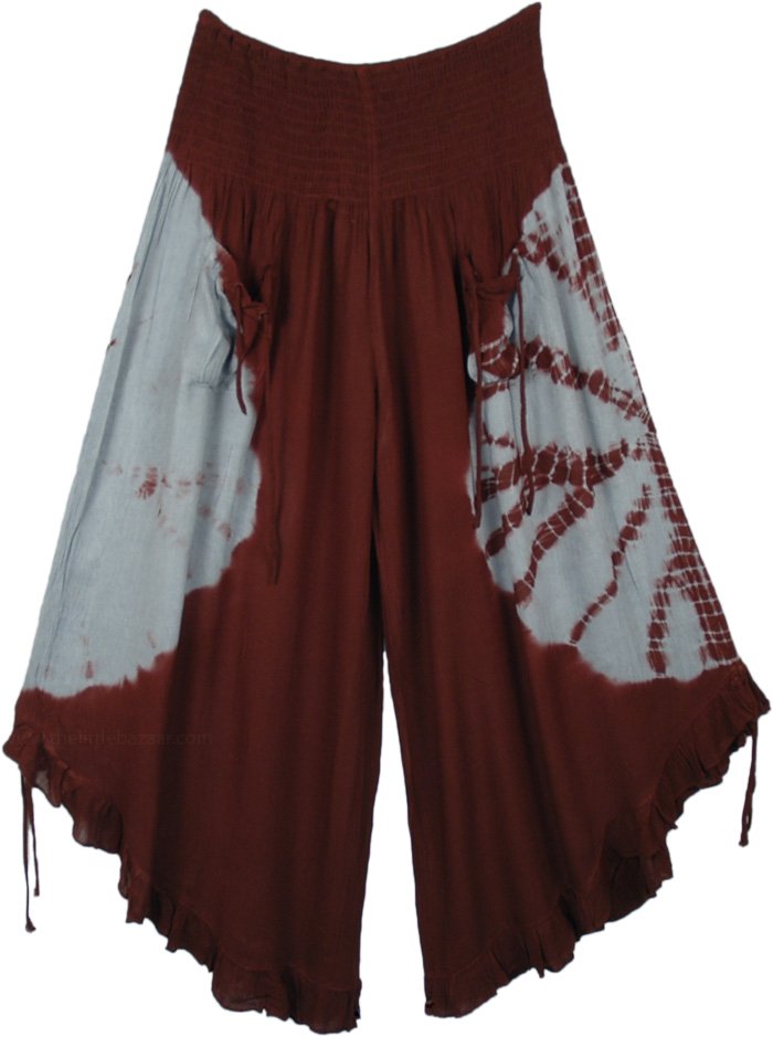 Brown Wide Leg Tie Dye Crop Pants with Adjustable Ties