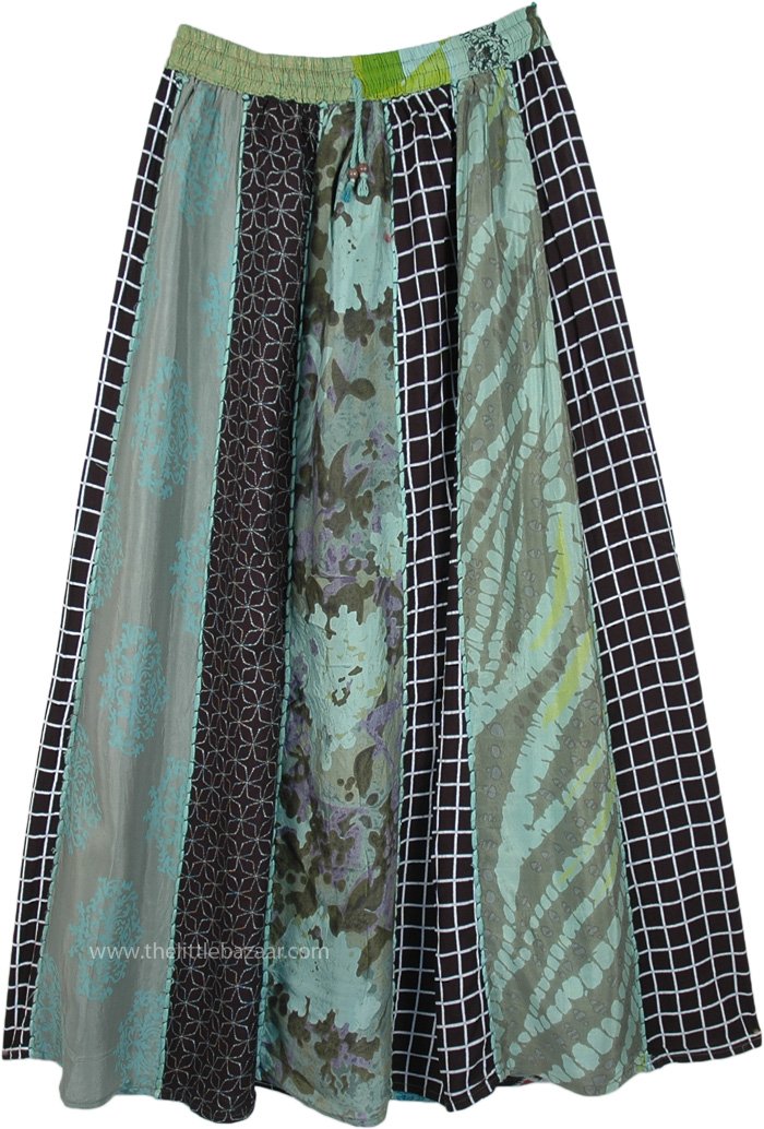 Sea Green Vertical Panels Patchwork Long Skirt