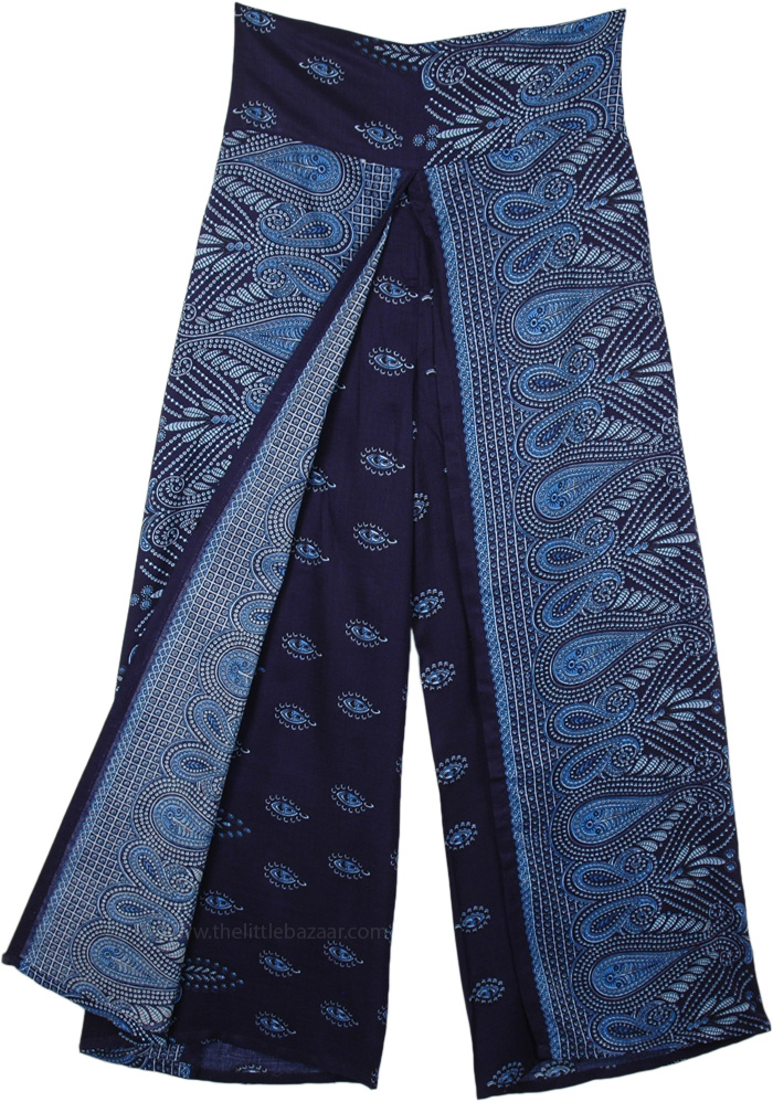 Navy Blue Paisley Printed Split Front Rayon Pants