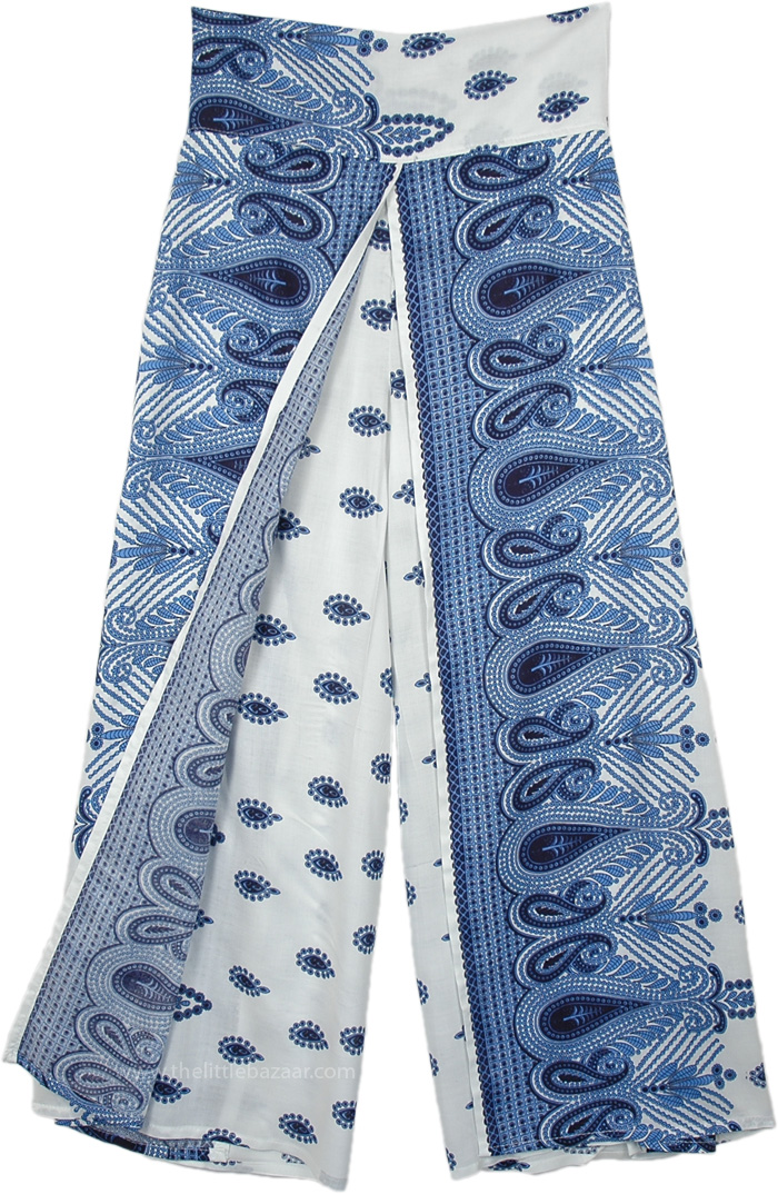 Snow Yeti Paisley Printed Boho Front Slit Rayon Pants | White
