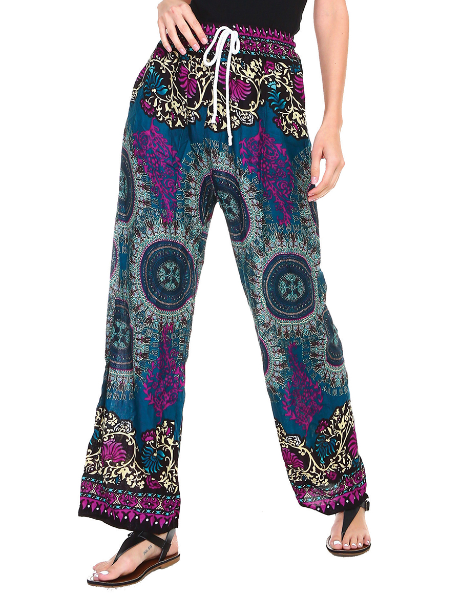 Teal Mandala Printed Wide Leg Rayon Pants | Blue | Split-Skirts-Pants ...