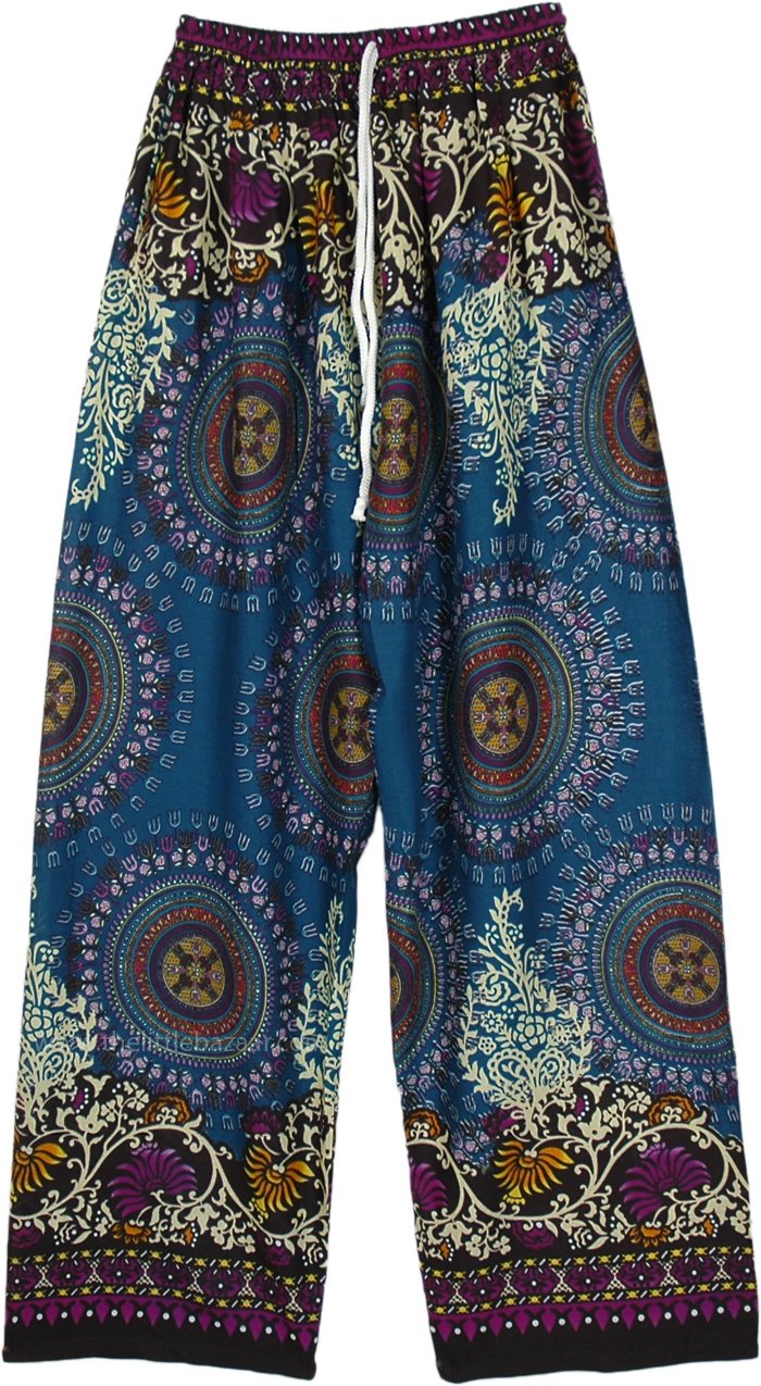 Teal Mandala Printed Wide Leg Rayon Pants