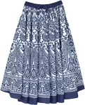 Blue Paisley and White Mid Length Printed Cotton Skirt