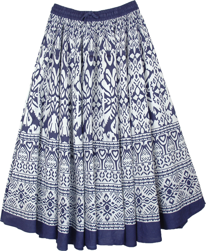 Danish White Blue Cotton Full Circle Mid Length Skirt
