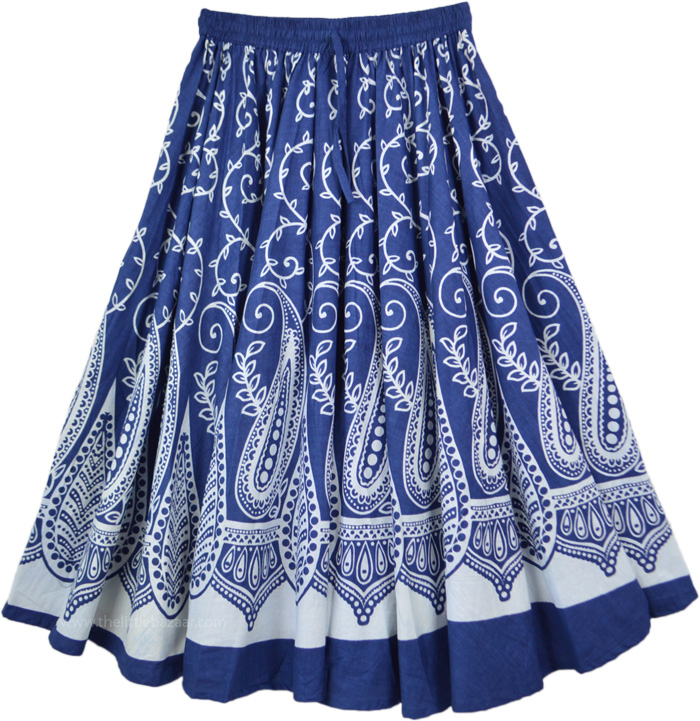 White Blue Paisley Print Midi Length Cotton Skirt