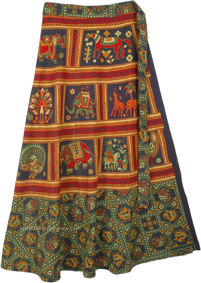 Ethnic Printed Green Elephant Cotton Wrap Around Skirt