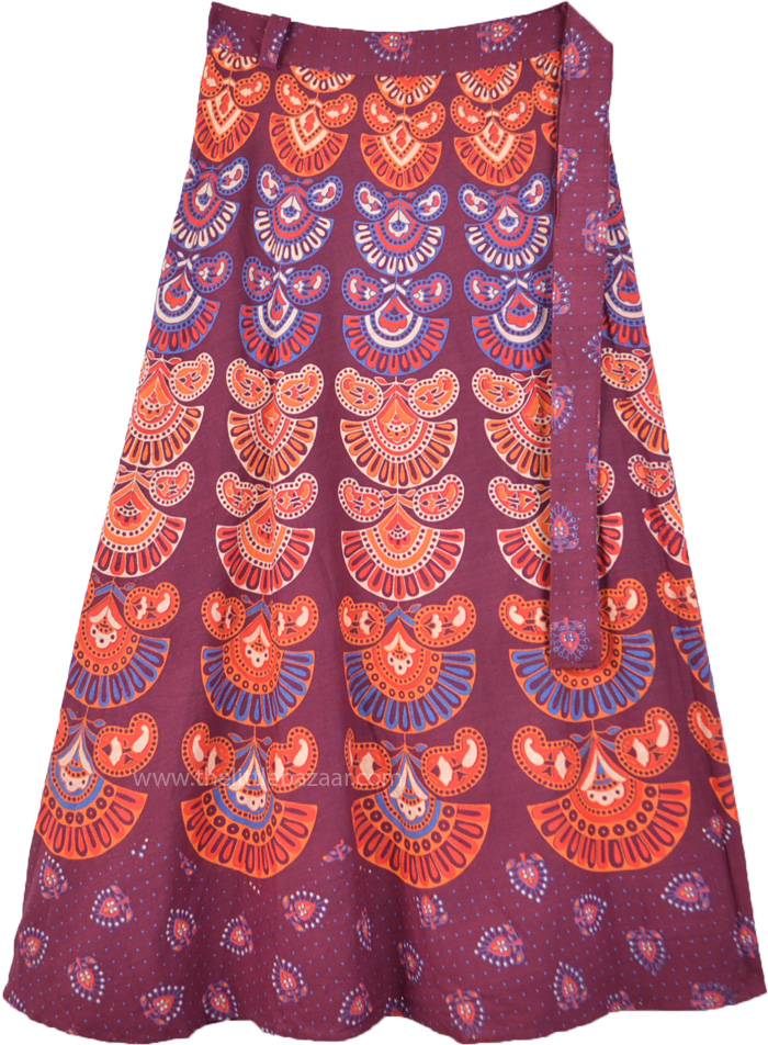 Ethnic Purple Maroon and Orange Boho Wrap Skirt in Cotton