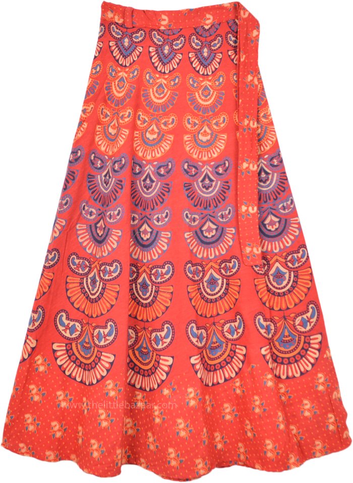 Ethnic Block Print Cotton Wrap Skirt in Orange Red