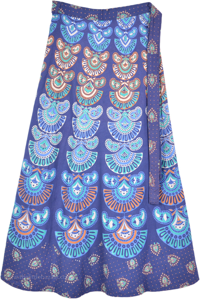 Bright Blue Ethnic Block Print Cotton Wrap Skirt | Blue | Wrap-Around ...