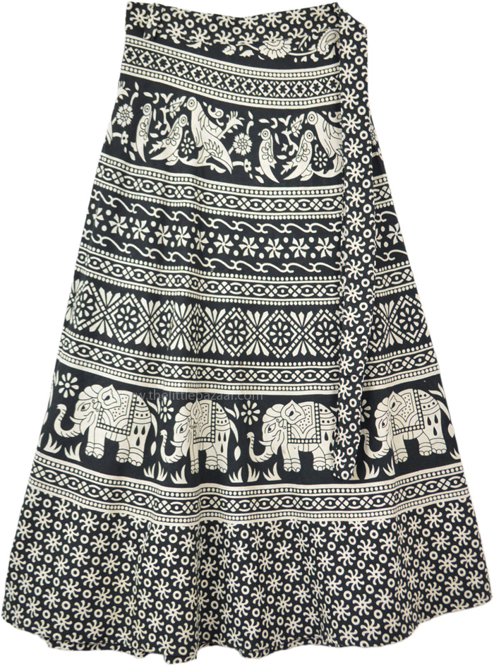 Black White Ethnic Printed Animal Wrap Skirt