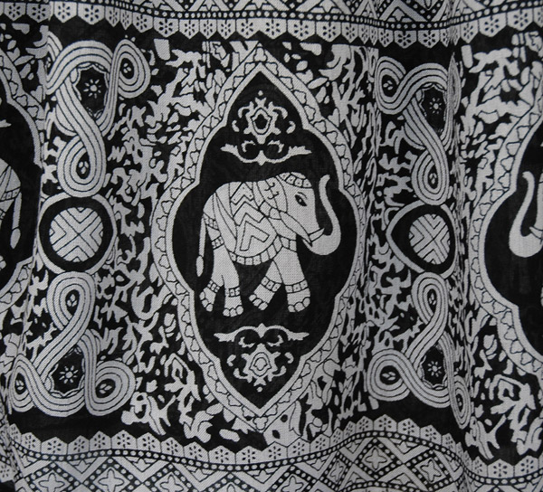 Black White Elephant Block Print Rayon Long Skirt
