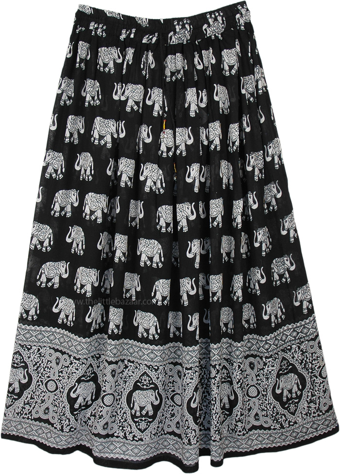 Black White Elephant Block Print Rayon Long Skirt