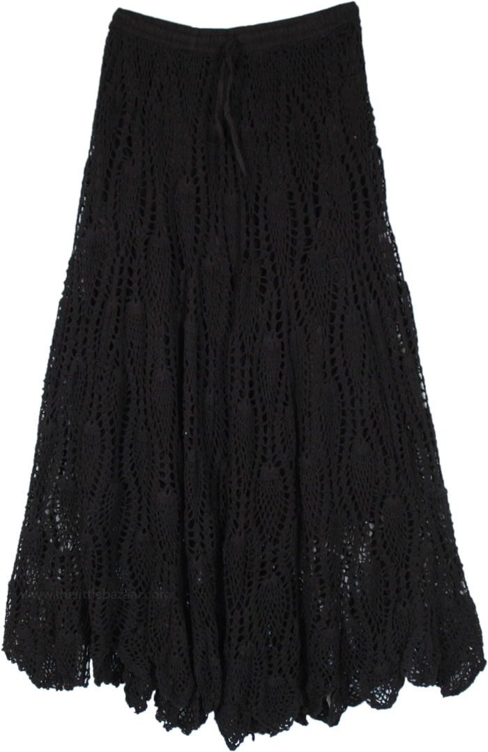 Hand Knit Crochet Pattern Cotton Long Skirt in Black
