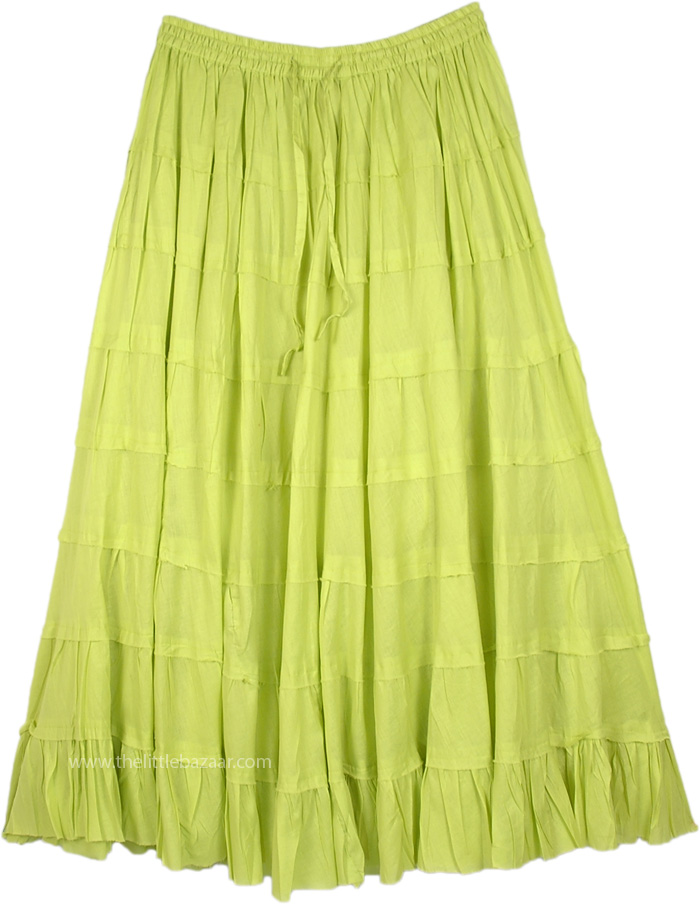 Lime Green Long Tiered Full Cotton Skirt | Green | XL-Plus, Misses ...
