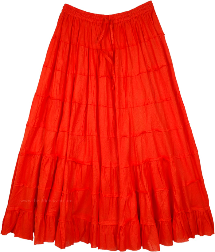 Tomato Red Long Tiered Skirt in Cotton