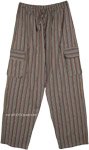 Khaki Striped Cotton Unisex Boho Pants with Pockets