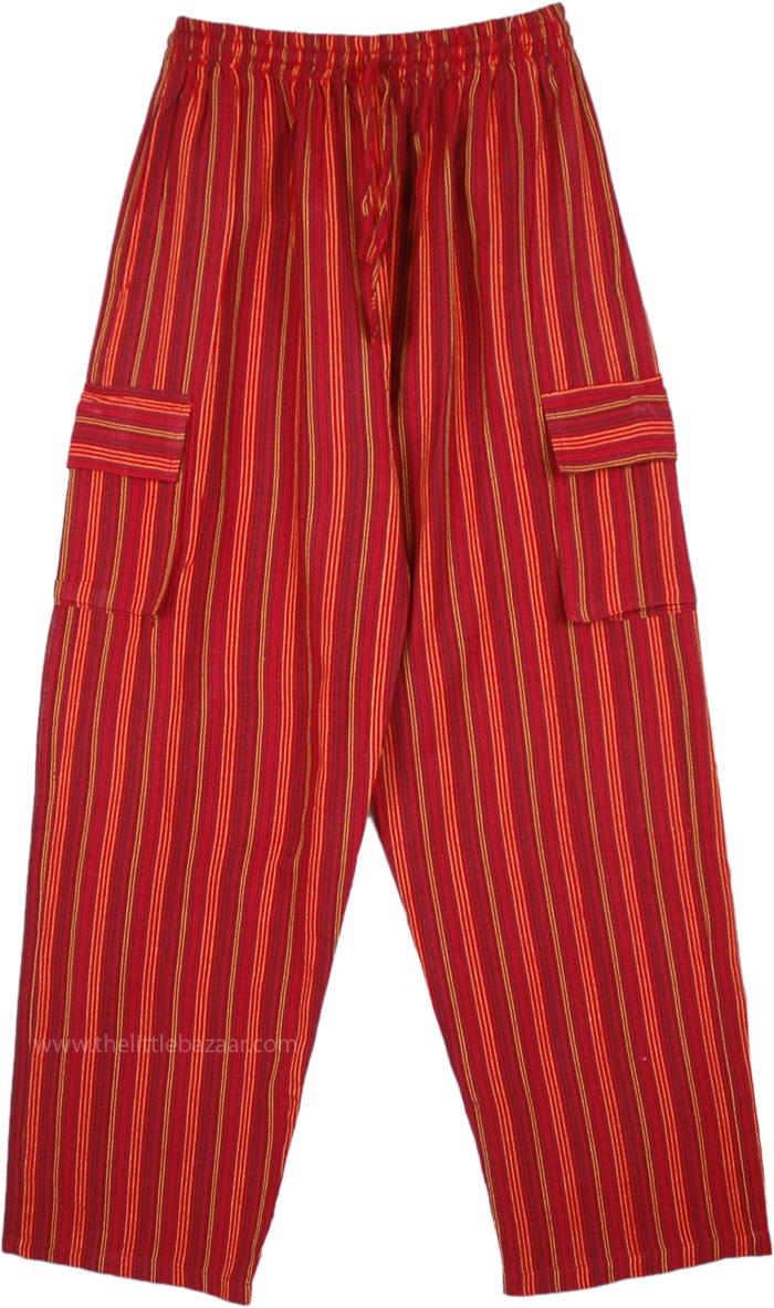 Red Boho Striped Cotton Trousers with Pockets