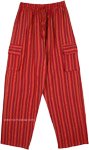 Red Boho Striped Cotton Trousers with Pockets