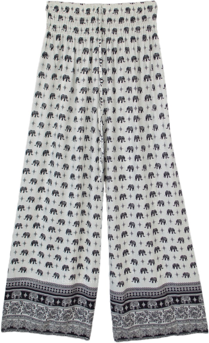 Black White Baby Elephant Parade Printed Beach Pants