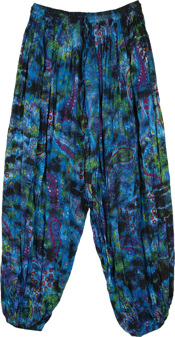 Blue Harem Crinkle Tie Dye Pants with Floral Print