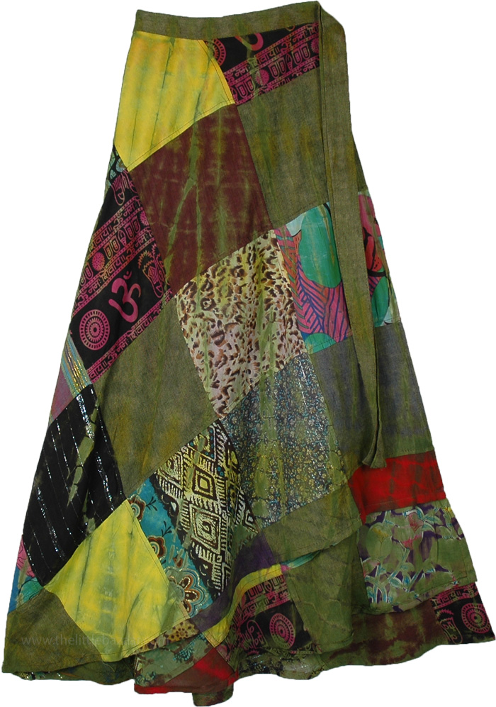 Las Palmas Green Long Wrap Skirt with Patchwork