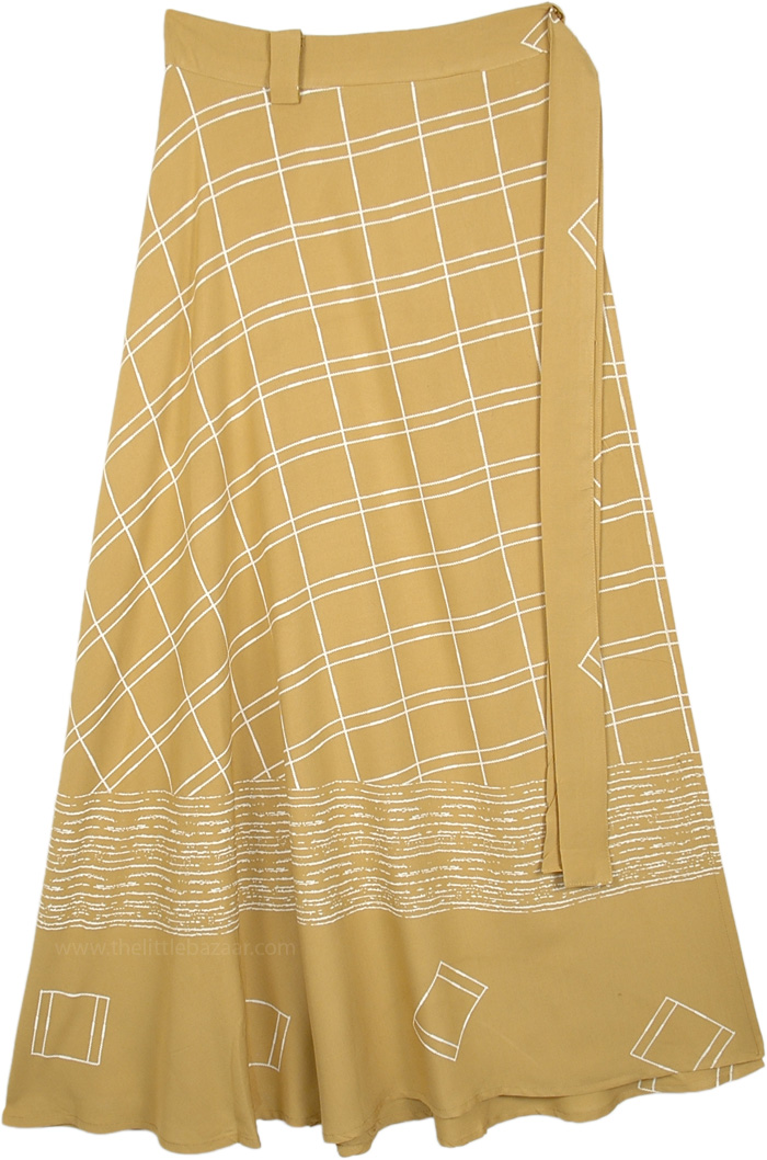 Harvest Gold Block Printed Rayon Long Wrap Skirt