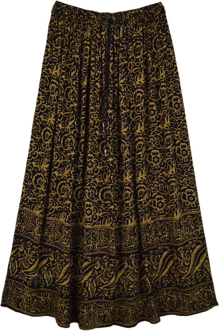 Golden Yellow Floral Elastic Waist Pull Up Style Long Skirt