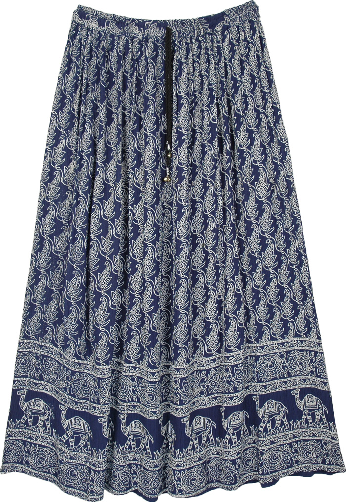 Navy Blue Paisley Printed Long Gypsy Skirt