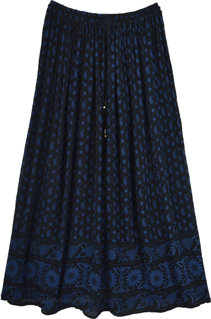 Midnight Blue Printed Long Gypsy Skirt