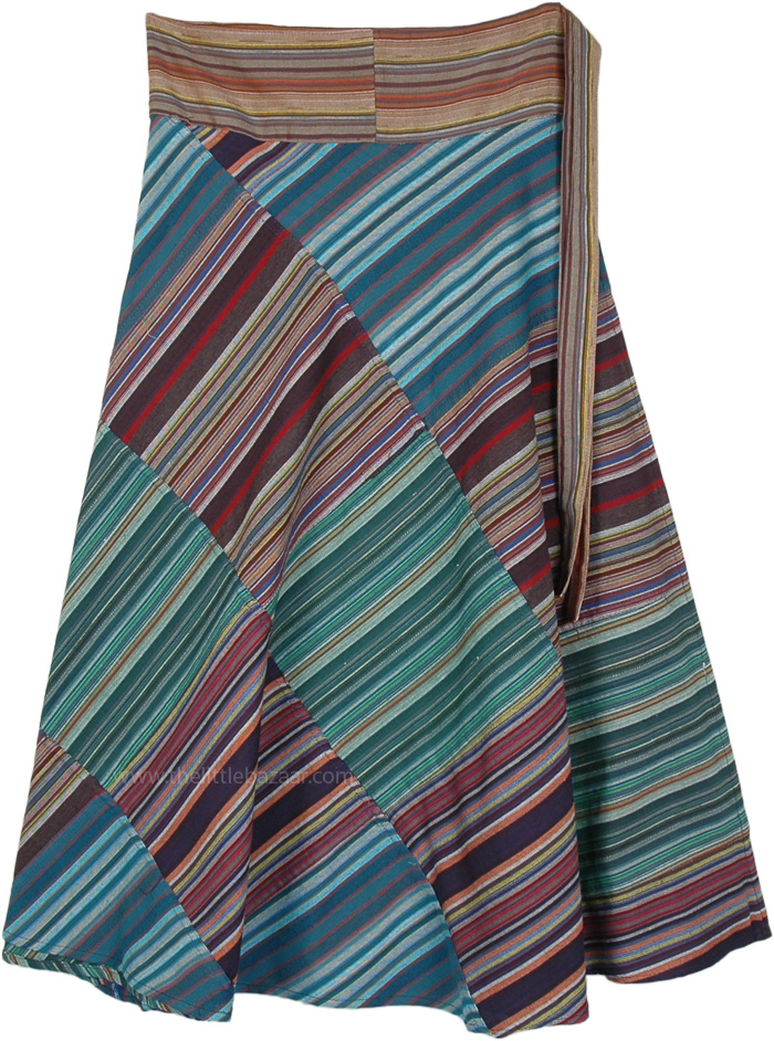 Patchwork Green Blue Striped Wrap Skirt in Woven Cotton | Multicoloured ...