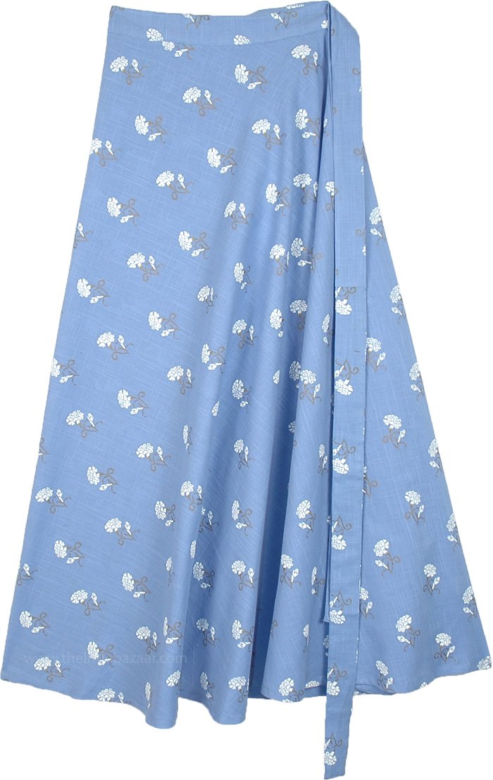 Malibu Blue Cotton Wrap Around Skirt with Floral Print